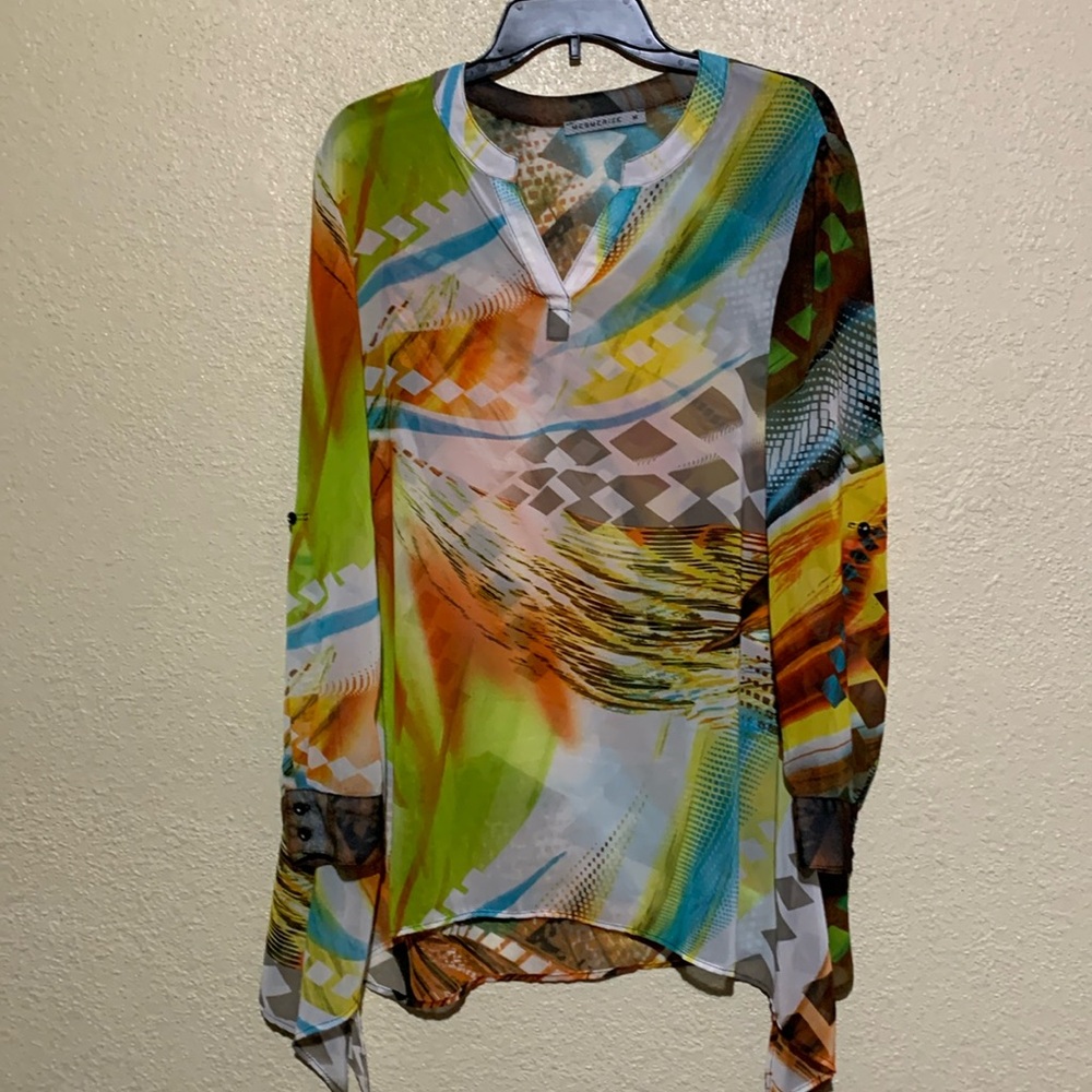 Mesmerize Top Blouse M Multi-Color Blue White Green Long Sleeve See Through